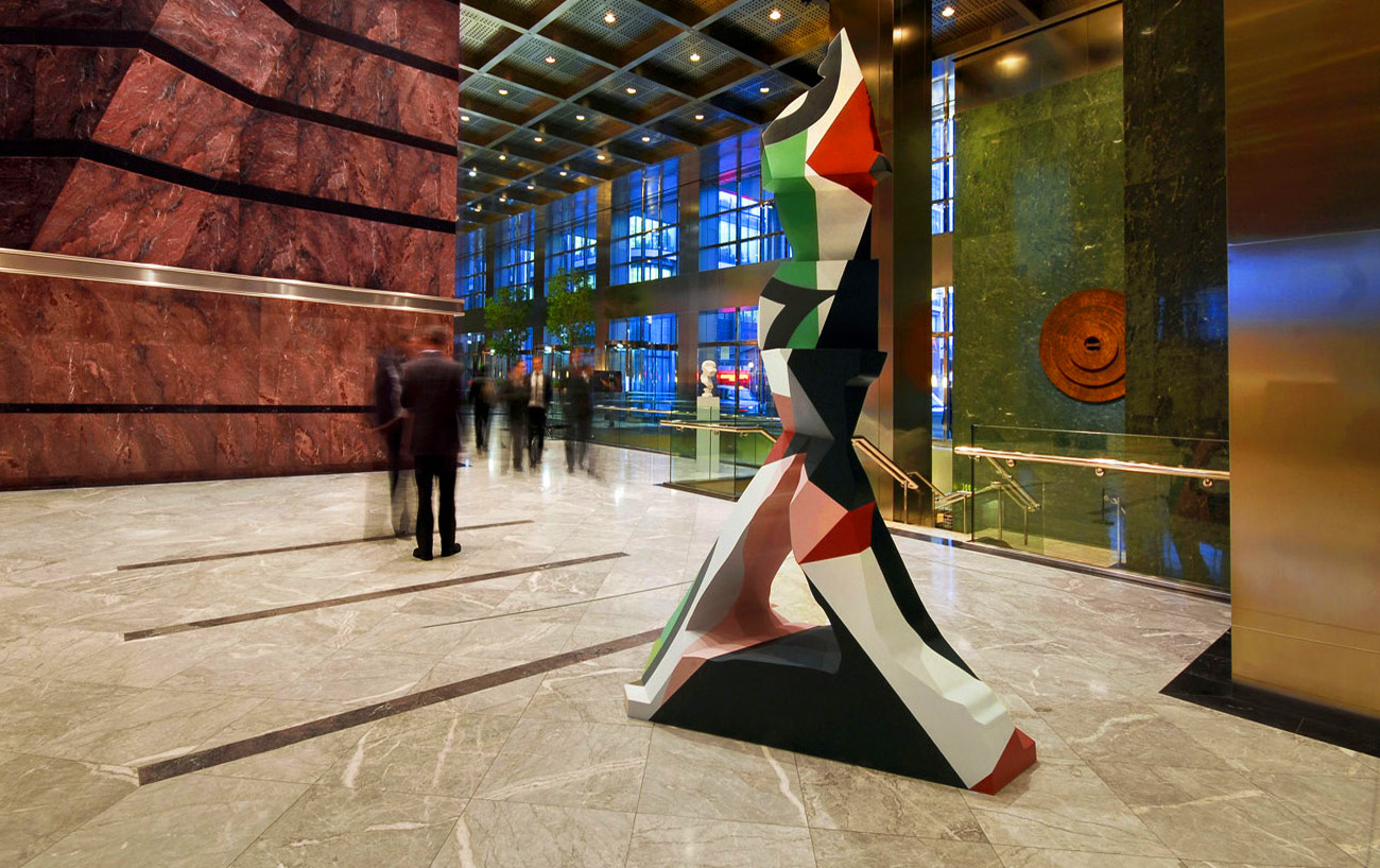 The Broken Man in Cornforth, Hague Blue, Arsenic, Lush Pink, Incarnadine and Downpipe. 2010-13. Marble resin composite, paint. 300 x 176 x 64.4 cm. Installed at One Canada Square, Canary Wharf. London. Photo: Nick Hornby